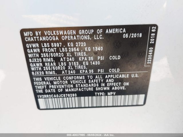 Photo 8 VIN: 1V2RR2CA0JC576280 - VOLKSWAGEN ATLAS 