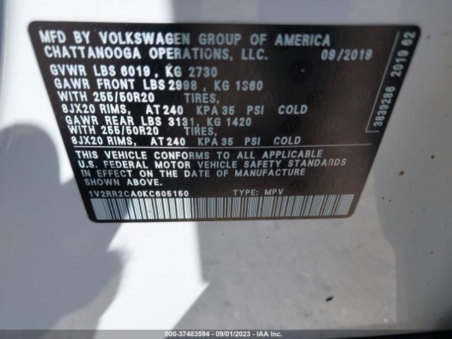 Photo 8 VIN: 1V2RR2CA0KC605150 - VOLKSWAGEN ATLAS 