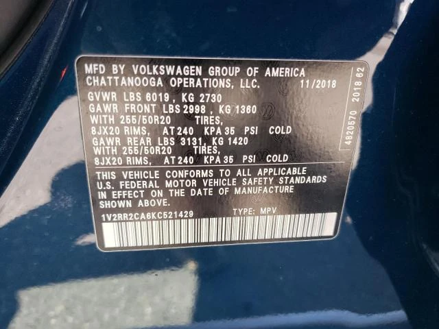 Photo 13 VIN: 1V2RR2CA6KC521429 - VOLKSWAGEN ATLAS SEL 