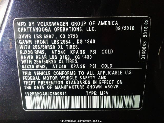 Photo 8 VIN: 1V2RR2CA8JC590511 - VOLKSWAGEN ATLAS 