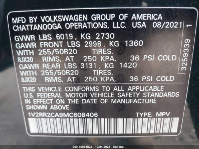 Photo 8 VIN: 1V2RR2CA9MC608406 - VOLKSWAGEN ATLAS 