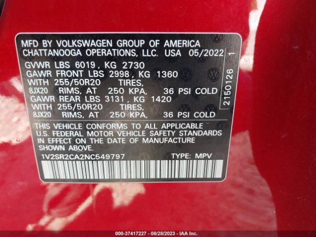 Photo 8 VIN: 1V2SR2CA2NC549797 - VOLKSWAGEN ATLAS 