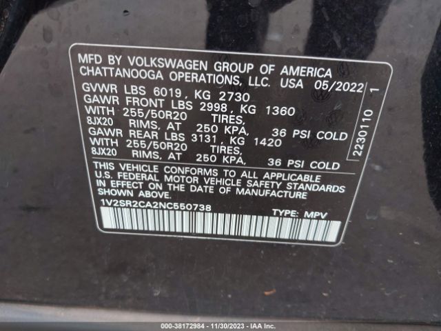 Photo 8 VIN: 1V2SR2CA2NC550738 - VOLKSWAGEN ATLAS 