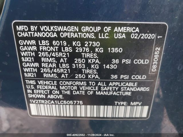 Photo 8 VIN: 1V2TR2CA1LC505775 - VOLKSWAGEN ATLAS 