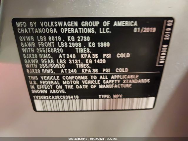 Photo 8 VIN: 1V2UR2CA2KC539419 - VOLKSWAGEN ATLAS 