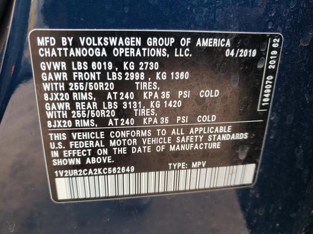 Photo 9 VIN: 1V2UR2CA2KC562649 - VOLKSWAGEN ATLAS SE 