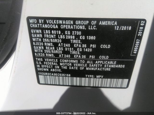 Photo 8 VIN: 1V2UR2CA3KC525156 - VOLKSWAGEN ATLAS 