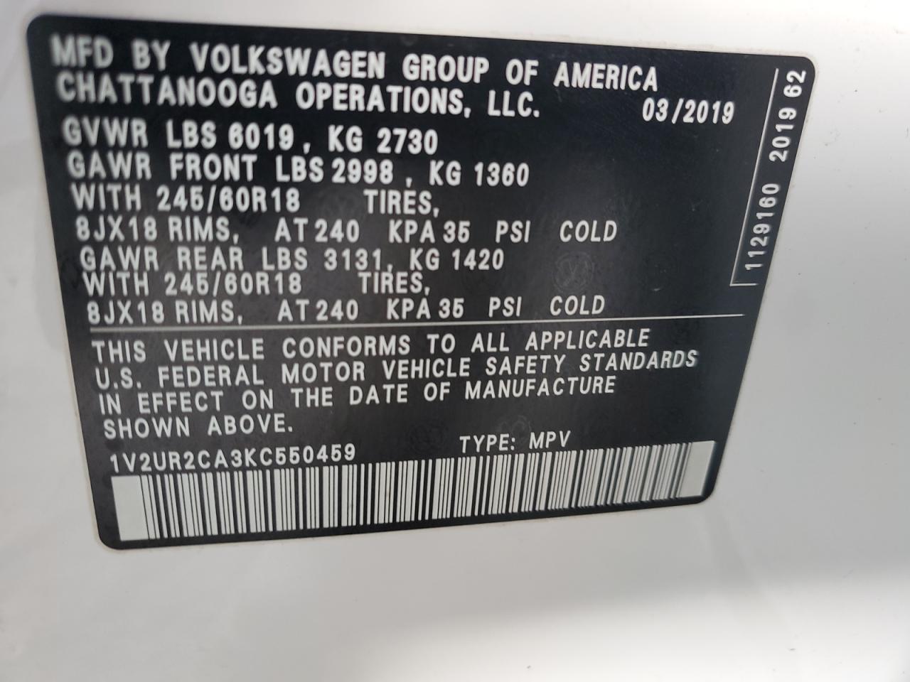 Photo 13 VIN: 1V2UR2CA3KC550459 - VOLKSWAGEN ATLAS 