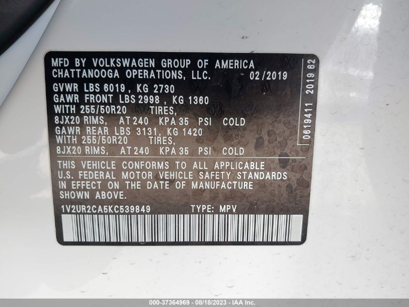 Photo 8 VIN: 1V2UR2CA5KC539849 - VOLKSWAGEN ATLAS 