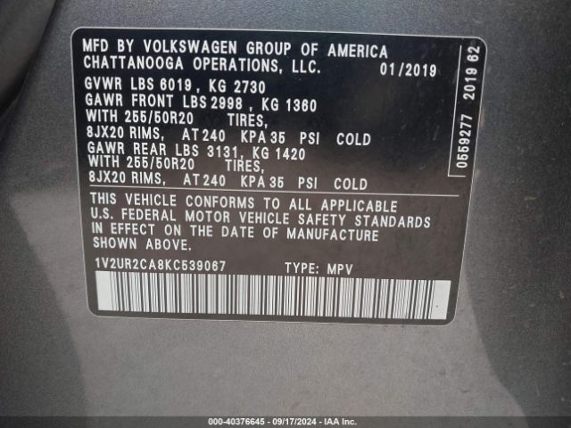 Photo 8 VIN: 1V2UR2CA8KC539067 - VOLKSWAGEN ATLAS 