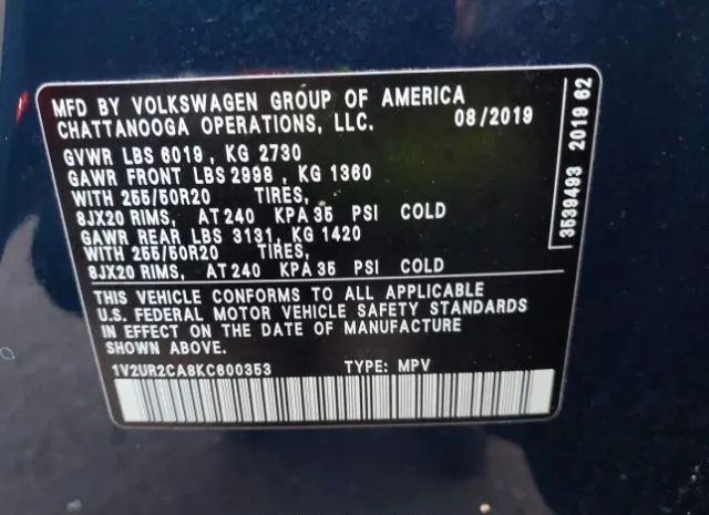 Photo 8 VIN: 1V2UR2CA8KC600353 - VOLKSWAGEN ATLAS 