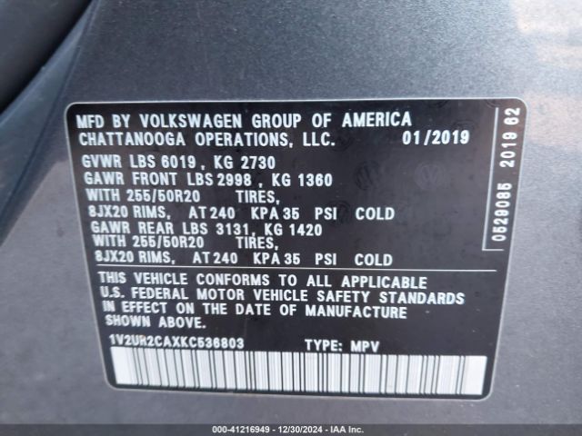 Photo 8 VIN: 1V2UR2CAXKC536803 - VOLKSWAGEN ATLAS 