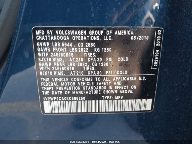 Photo 8 VIN: 1V2WP2CA0KC585250 - VOLKSWAGEN ATLAS 