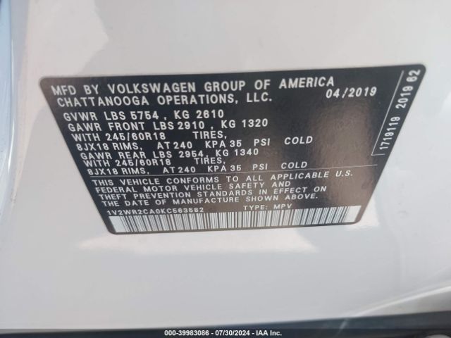 Photo 8 VIN: 1V2WR2CA0KC563582 - VOLKSWAGEN ATLAS 