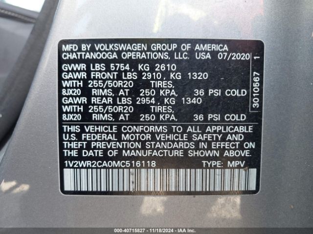 Photo 8 VIN: 1V2WR2CA0MC516118 - VOLKSWAGEN ATLAS 