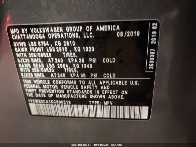 Photo 8 VIN: 1V2WR2CA1KC600218 - VOLKSWAGEN ATLAS 