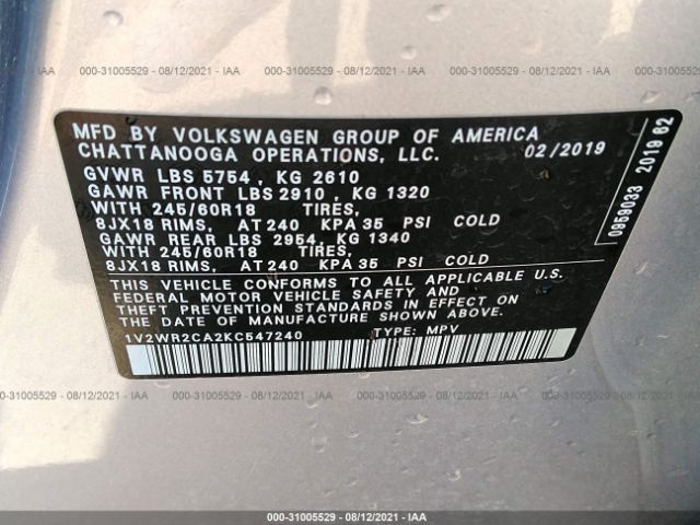 Photo 8 VIN: 1V2WR2CA2KC547240 - VOLKSWAGEN ATLAS 