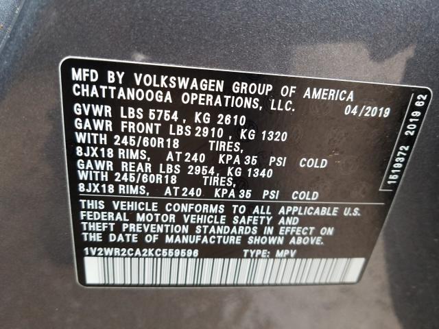 Photo 9 VIN: 1V2WR2CA2KC559596 - VOLKSWAGEN ATLAS SE 