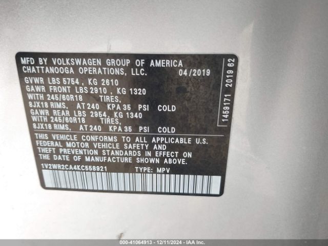 Photo 8 VIN: 1V2WR2CA4KC558921 - VOLKSWAGEN ATLAS 