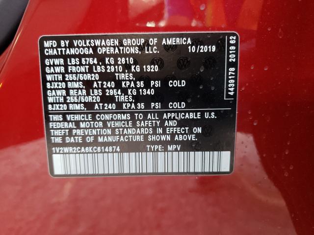 Photo 9 VIN: 1V2WR2CA6KC614874 - VOLKSWAGEN ATLAS SE 