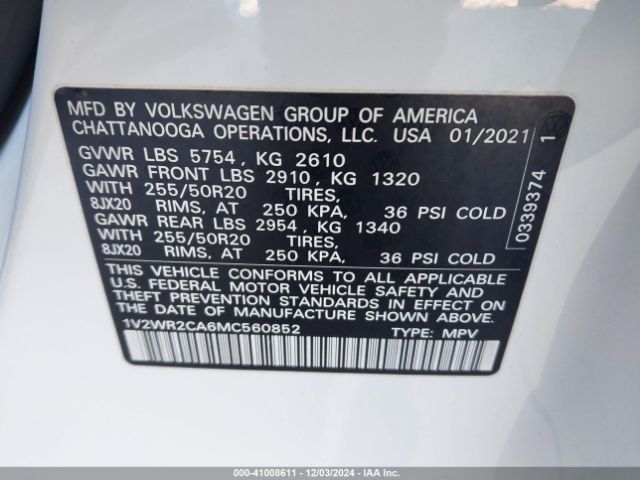 Photo 8 VIN: 1V2WR2CA6MC560852 - VOLKSWAGEN ATLAS 