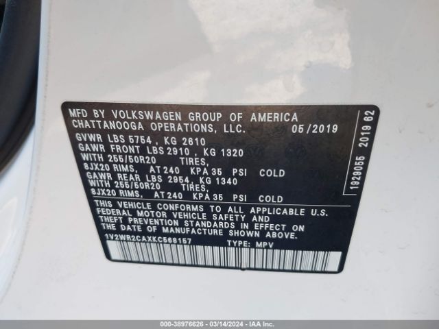 Photo 8 VIN: 1V2WR2CAXKC568157 - VOLKSWAGEN ATLAS 