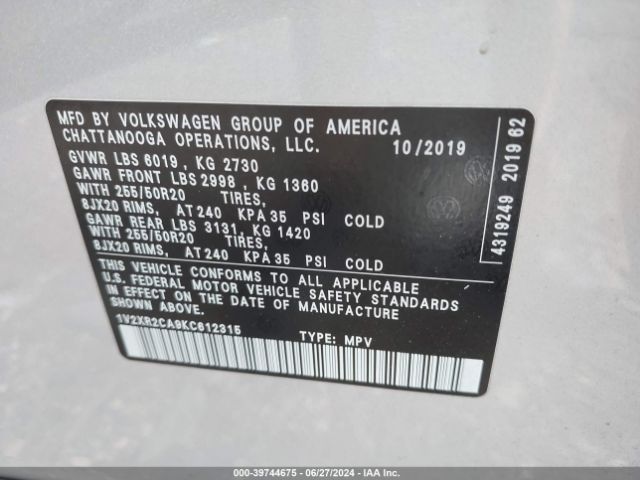 Photo 8 VIN: 1V2XR2CA9KC612315 - VOLKSWAGEN ATLAS SE 