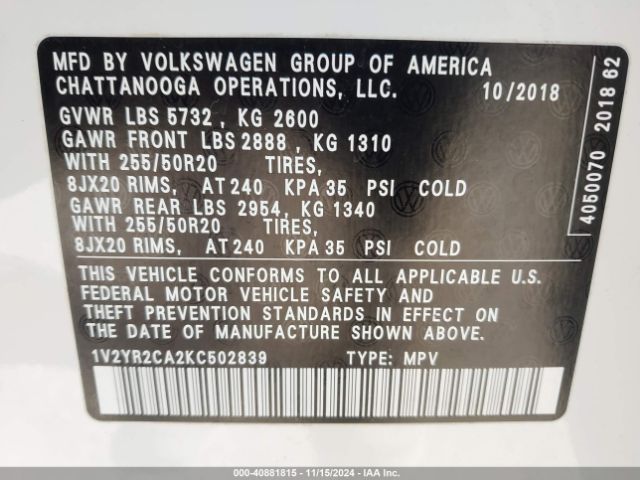 Photo 8 VIN: 1V2YR2CA2KC502839 - VOLKSWAGEN ATLAS 