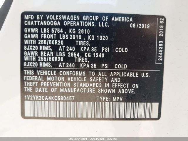 Photo 8 VIN: 1V2YR2CA4KC580457 - VOLKSWAGEN ATLAS 