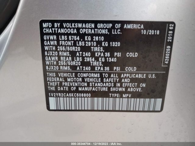 Photo 8 VIN: 1V2YR2CA5KC508800 - VOLKSWAGEN ATLAS 