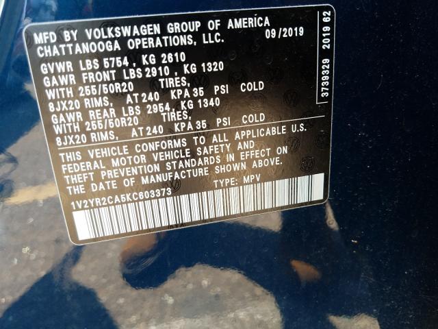 Photo 9 VIN: 1V2YR2CA5KC603373 - VOLKSWAGEN ATLAS SE 