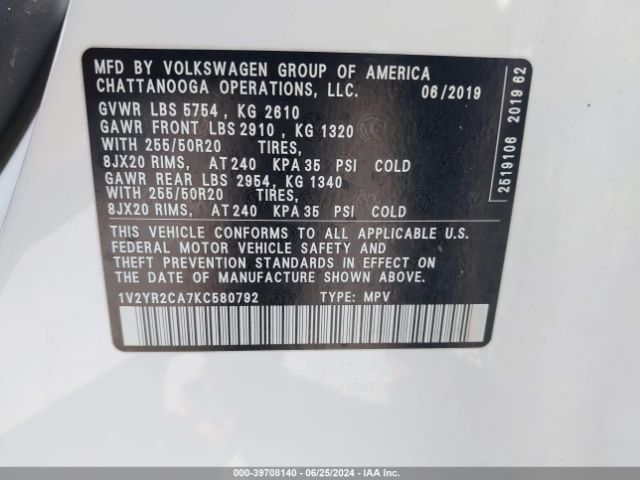 Photo 8 VIN: 1V2YR2CA7KC580792 - VOLKSWAGEN ATLAS 