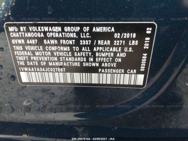 Photo 8 VIN: 1VWAA7A34JC027587 - VOLKSWAGEN PASSAT 