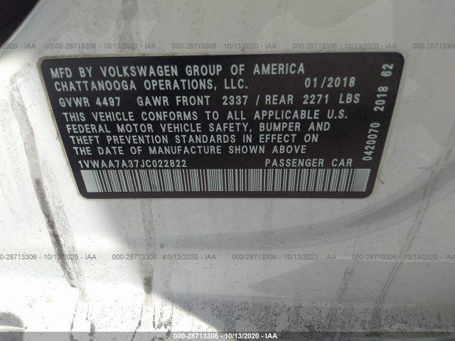 Photo 8 VIN: 1VWAA7A37JC022822 - VOLKSWAGEN PASSAT 