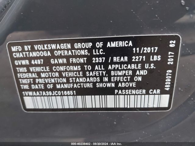 Photo 8 VIN: 1VWAA7A39JC016651 - VOLKSWAGEN PASSAT 