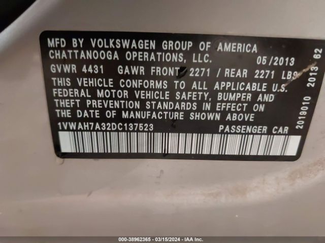 Photo 8 VIN: 1VWAH7A32DC137523 - VOLKSWAGEN PASSAT 