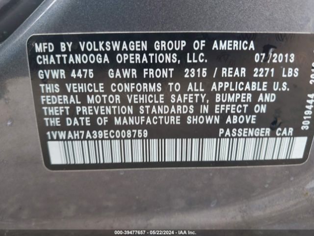 Photo 8 VIN: 1VWAH7A39EC008759 - VOLKSWAGEN PASSAT 