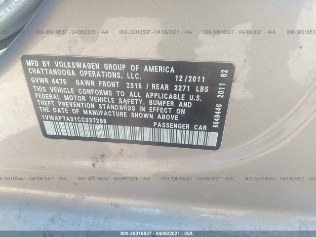 Photo 8 VIN: 1VWAP7A31CC037298 - VOLKSWAGEN PASSAT 