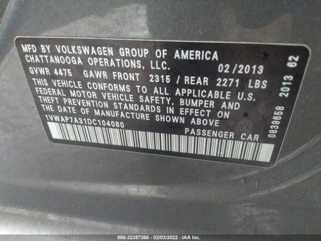 Photo 8 VIN: 1VWAP7A31DC104080 - VOLKSWAGEN PASSAT 