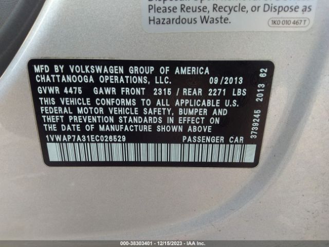 Photo 8 VIN: 1VWAP7A31EC026529 - VOLKSWAGEN PASSAT 