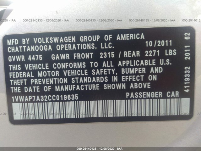 Photo 8 VIN: 1VWAP7A32CC019635 - VOLKSWAGEN PASSAT 