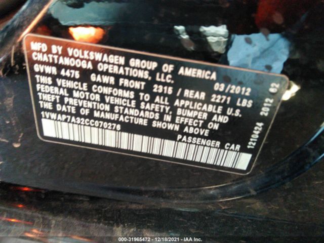 Photo 8 VIN: 1VWAP7A32CC070276 - VOLKSWAGEN PASSAT 