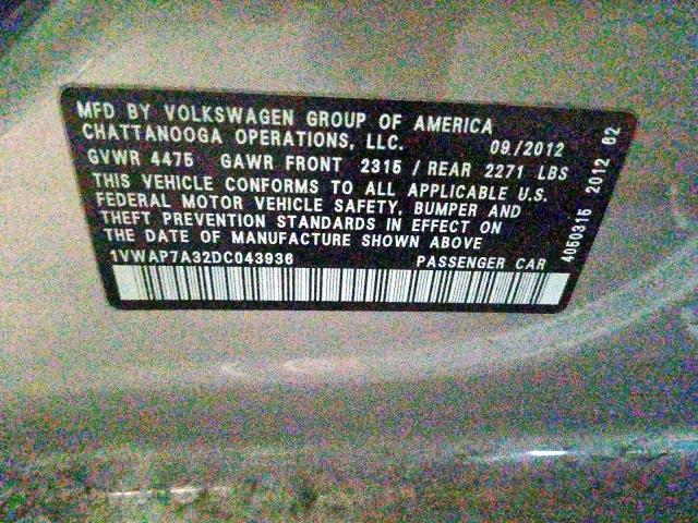 Photo 9 VIN: 1VWAP7A32DC043936 - VOLKSWAGEN PASSAT 