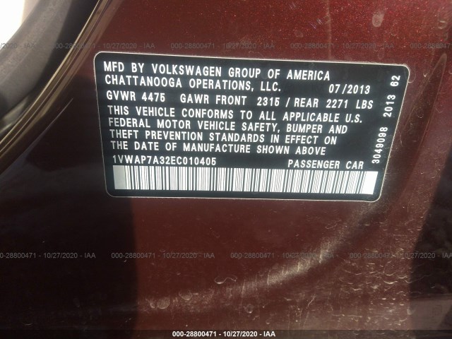 Photo 8 VIN: 1VWAP7A32EC010405 - VOLKSWAGEN PASSAT 