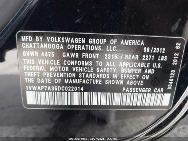 Photo 8 VIN: 1VWAP7A35DC022014 - VOLKSWAGEN PASSAT 