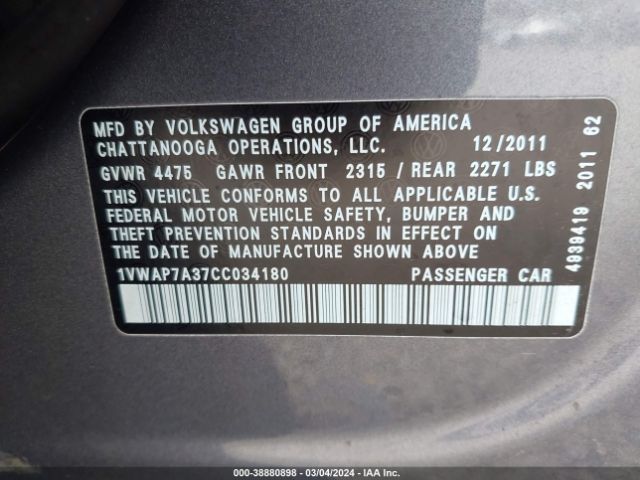 Photo 8 VIN: 1VWAP7A37CC034180 - VOLKSWAGEN PASSAT 