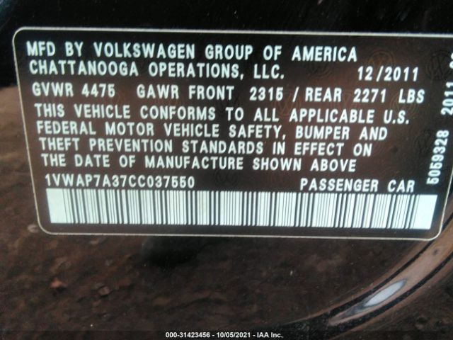 Photo 8 VIN: 1VWAP7A37CC037550 - VOLKSWAGEN PASSAT 