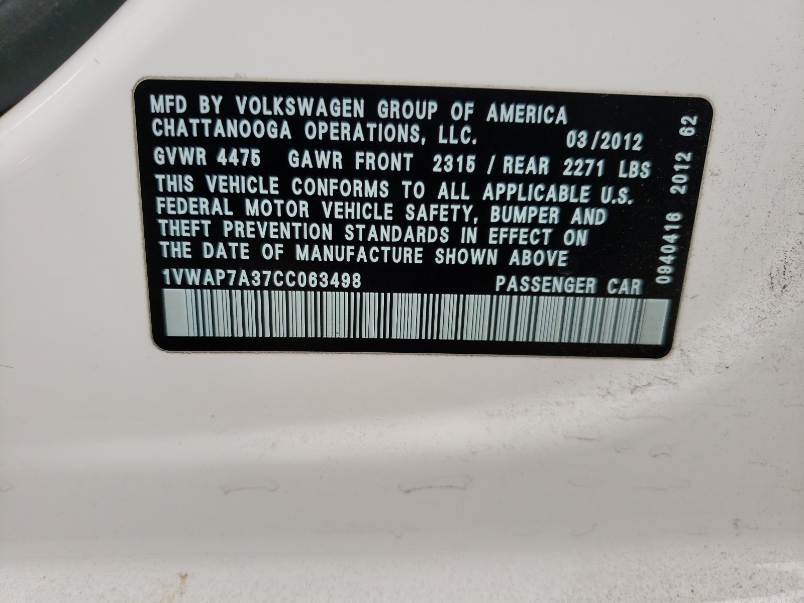 Photo 9 VIN: 1VWAP7A37CC063498 - VOLKSWAGEN PASSAT 