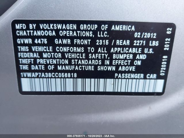 Photo 8 VIN: 1VWAP7A38CC056818 - VOLKSWAGEN PASSAT 