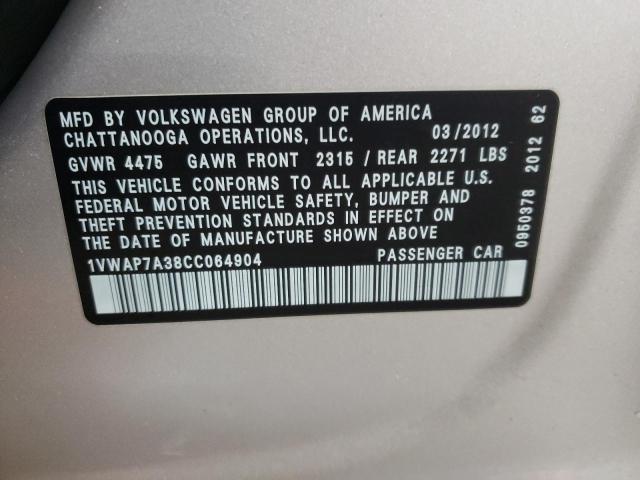 Photo 11 VIN: 1VWAP7A38CC064904 - VOLKSWAGEN PASSAT S 